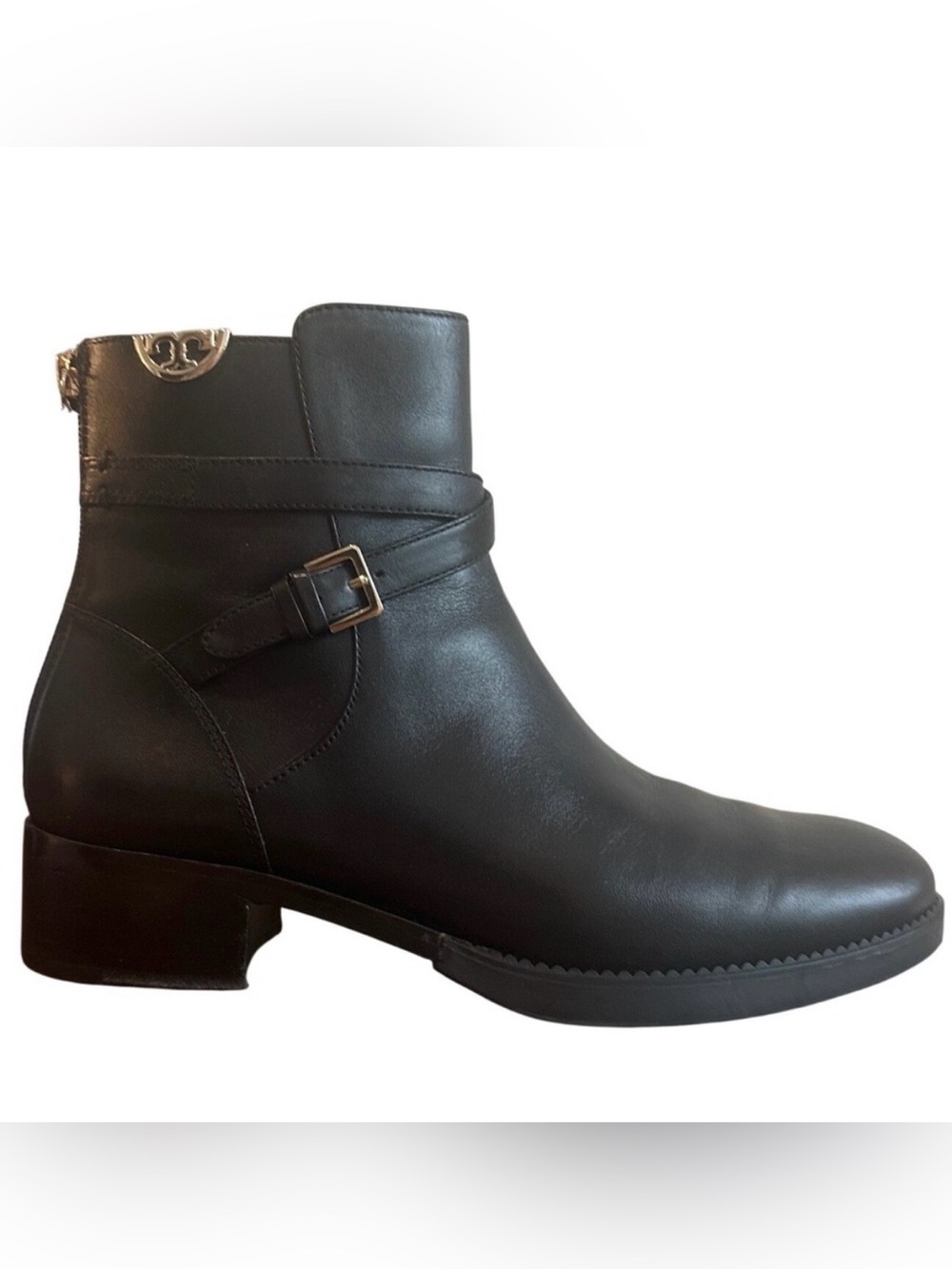 Tory Burch Sidney Black Leather Booties 8 Buckle Strap Back Zip 31443